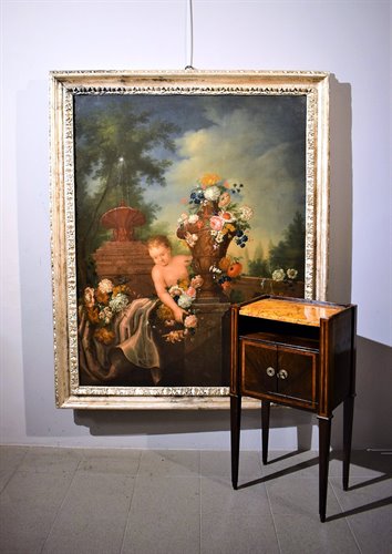 Nature Morte de Fleurs avec Putto et Fontaine dans un  jarden